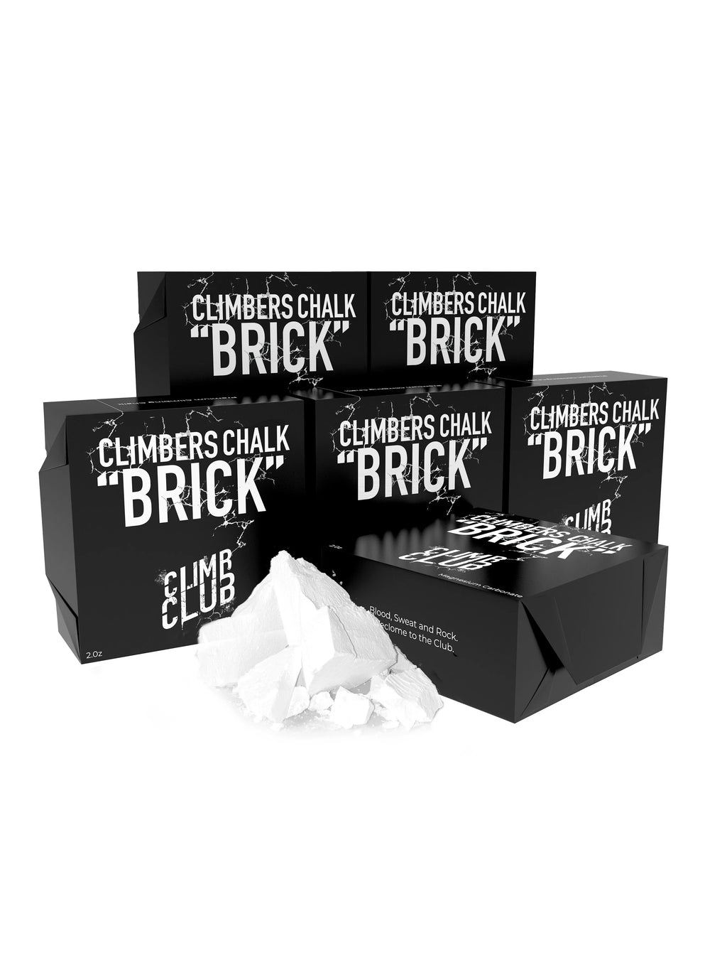 Climb Club Climber's Chalk Brick boxes with chalk pile, climbing gear for grip