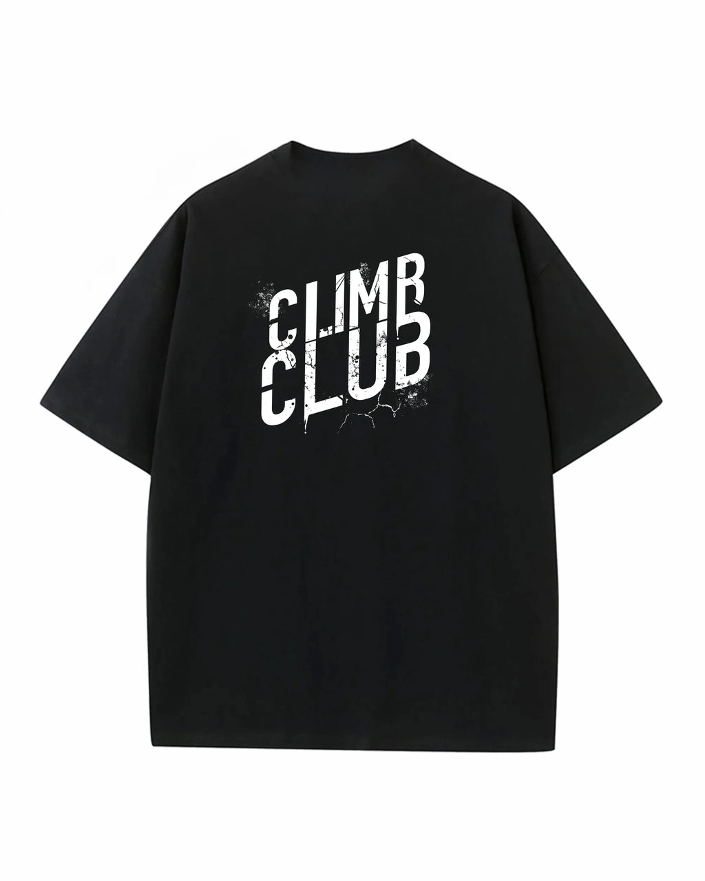 Black Climb Club t-shirt with bold cracked white logo for climbing community brand