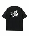 Black Climb Club t-shirt with bold cracked white logo for climbing community brand
