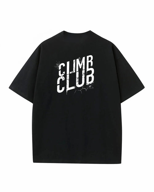 Black Climb Club t-shirt with bold cracked white logo for climbing community brand