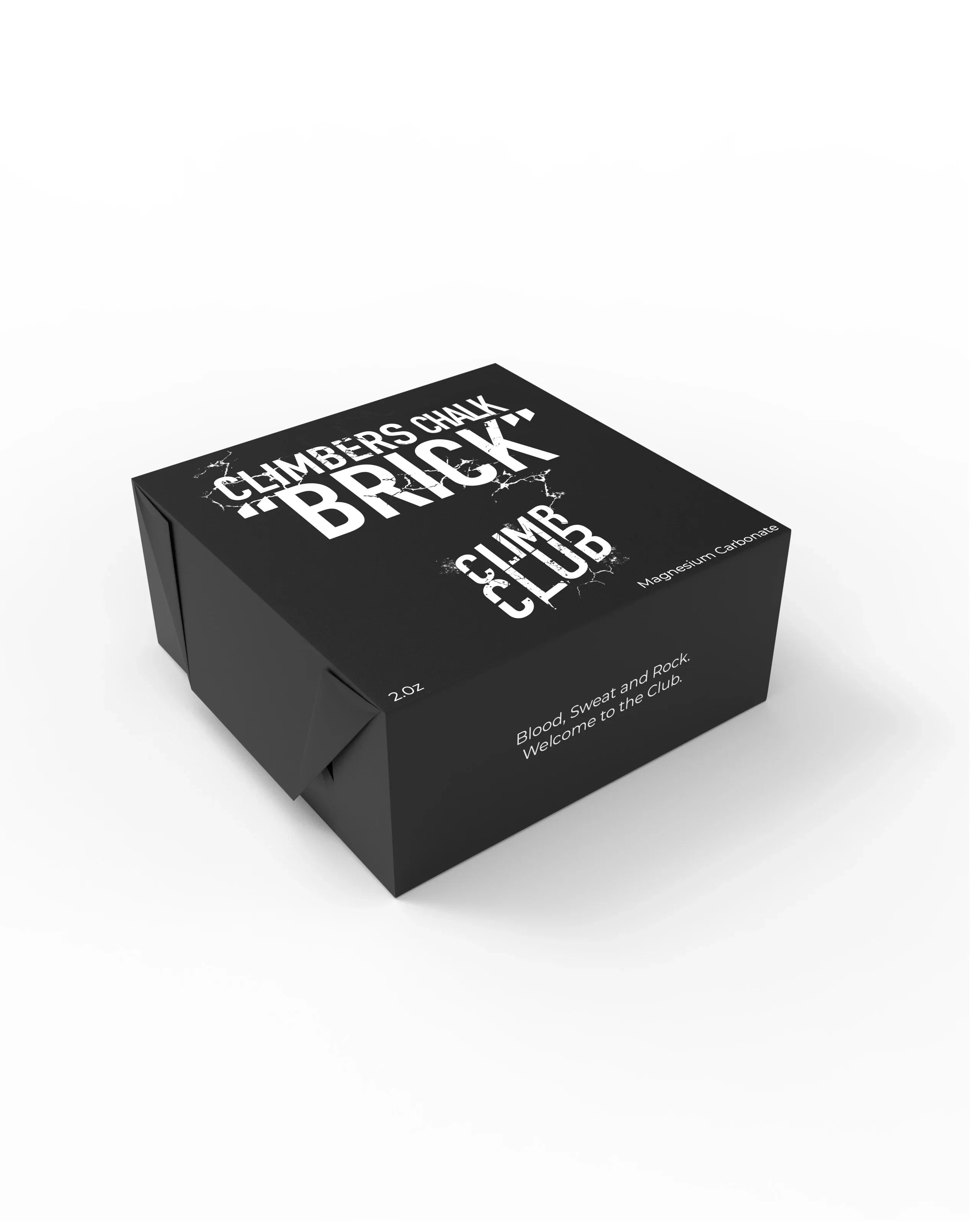 Climb Club climbers chalk brick black box packaging, Blood Sweat and Rock slogan, for climbing.