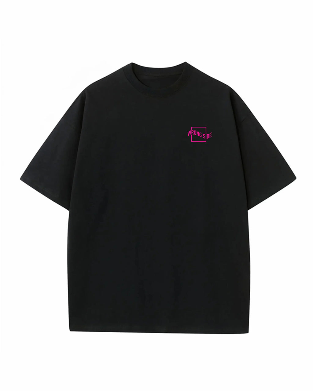 Black Climb Club t-shirt with pink 'WRONG SIDE' graphic on chest, minimalist style