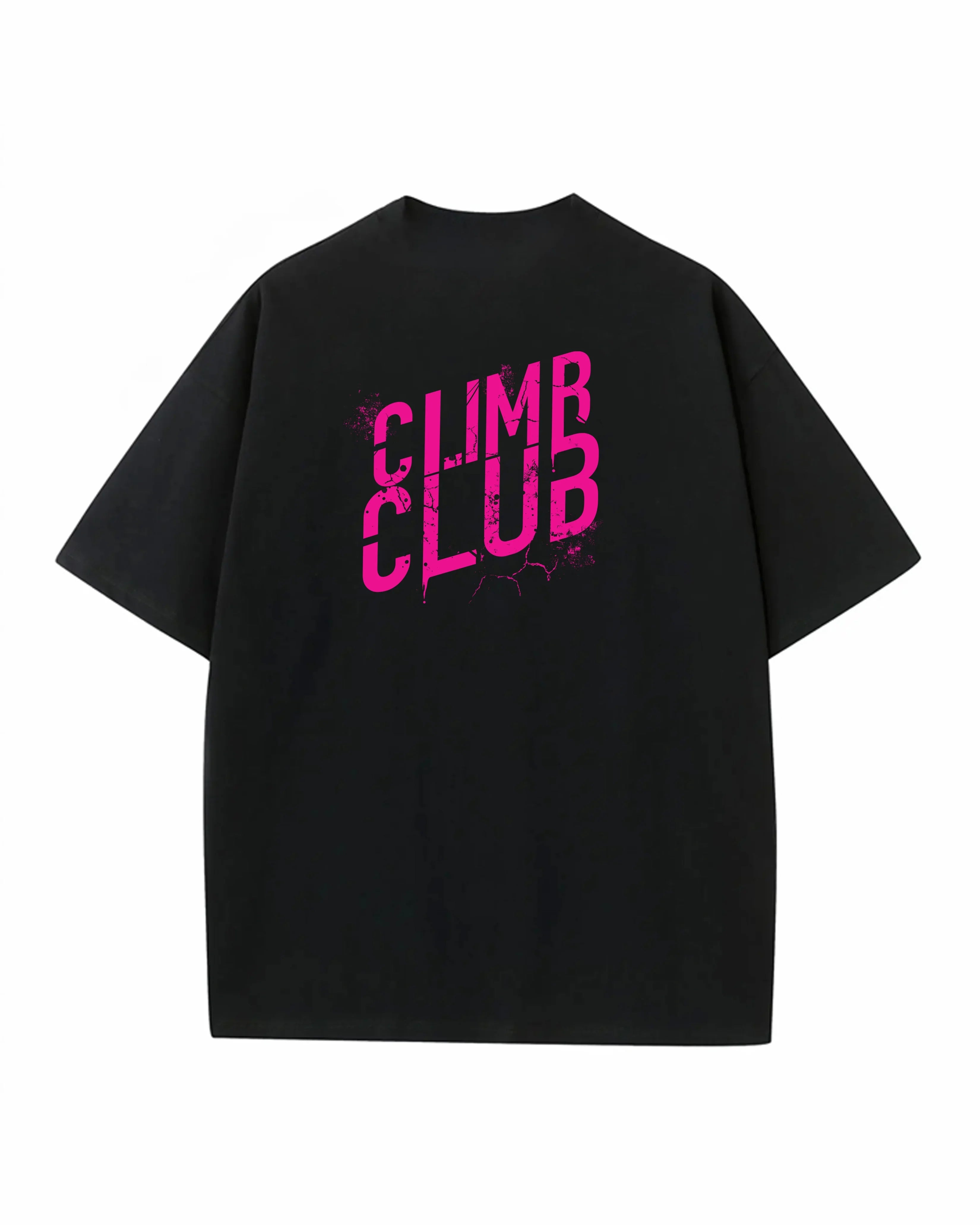 Black Climb Club t-shirt with bold pink cracked lettering for climbing community brand