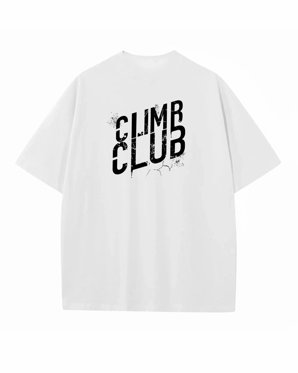 White Climb Club t-shirt with bold cracked text graphic for climbing community
